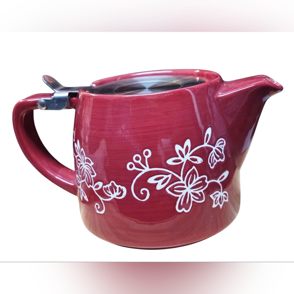Temp-tations By Tara Red Floral Lace Teapot with Lid & Basket